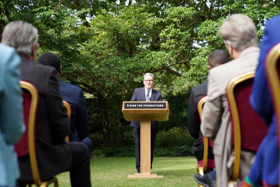 Britain's Prime Minister Keir Starmer delivers a speech and press conference in the Rose Garden at 10 Downing Street, London, Tuesday, Aug. 27, 2024. (Stefan Rousseau/Pool Photo via AP)