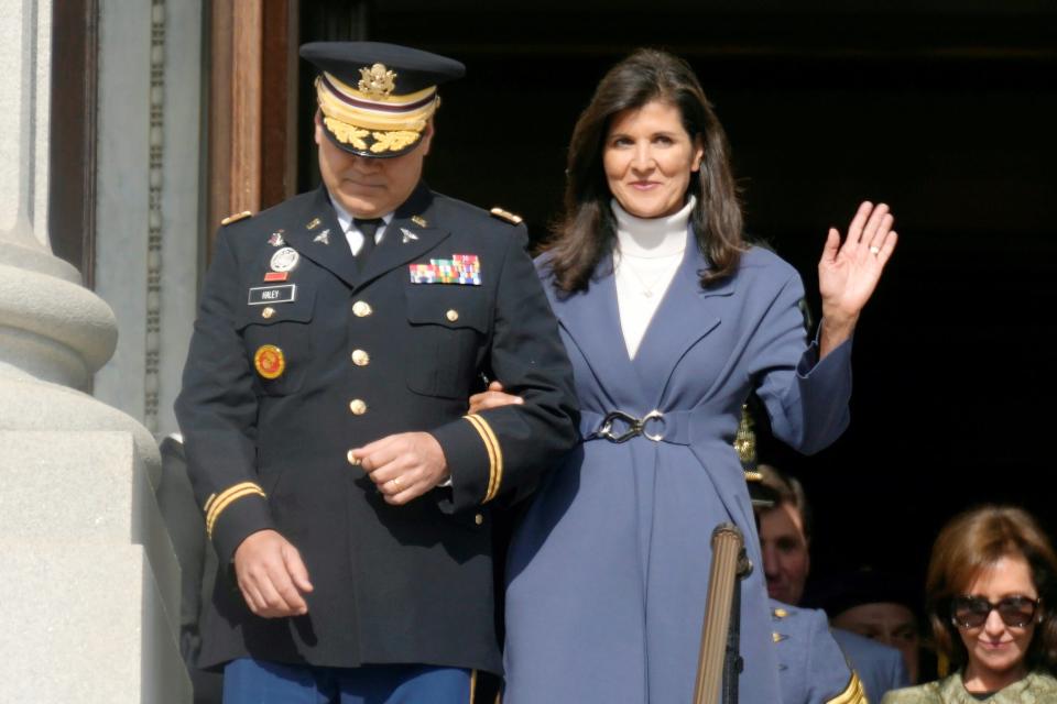 Former South Carolina Gov. Nikki Haley and her husband, Army National Guard officer Michael Haley, attend the inaugural of Gov. Henry McMaster on Jan. 11, 2023, in Columbia.