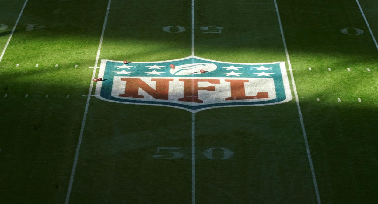 Oct 27, 2019; London, United Kingdom; Detailed view of the NFL Sheild logo at midfield during an NFL International Series game between the Los Angeles Rams and the Cincinnati Bengals at Wembley Stadium. Mandatory Credit: Kirby Lee-USA TODAY Sports