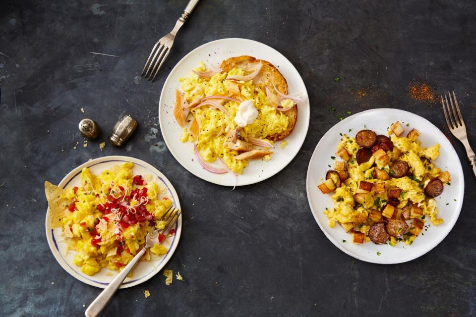 <p>Make our <a href="https://www.goodhousekeeping.com/food-recipes/easy/a35092147/how-to-make-scrambled-eggs-recipe/" rel="nofollow noopener" target="_blank" data-ylk="slk:Best-Ever Scrambled Eggs;elm:context_link;itc:0;sec:content-canvas" class="link "><strong>Best-Ever Scrambled Eggs</strong></a>, folding in 1/4 cup crème fraîche, then 1/2 cup flaked smoked trout and 1/2 small red onion (thinly sliced). Dollop with additional crème fraîche.</p>