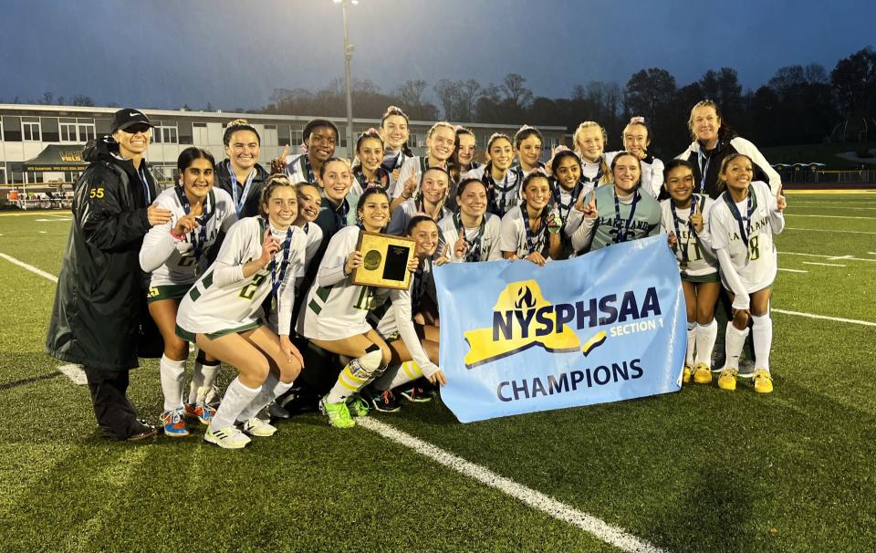 Lakeland celebrates its 1-0 win over Horace Greeley in the Section 1 Class B championship game Oct. 29, 2023 at Lakeland High School.