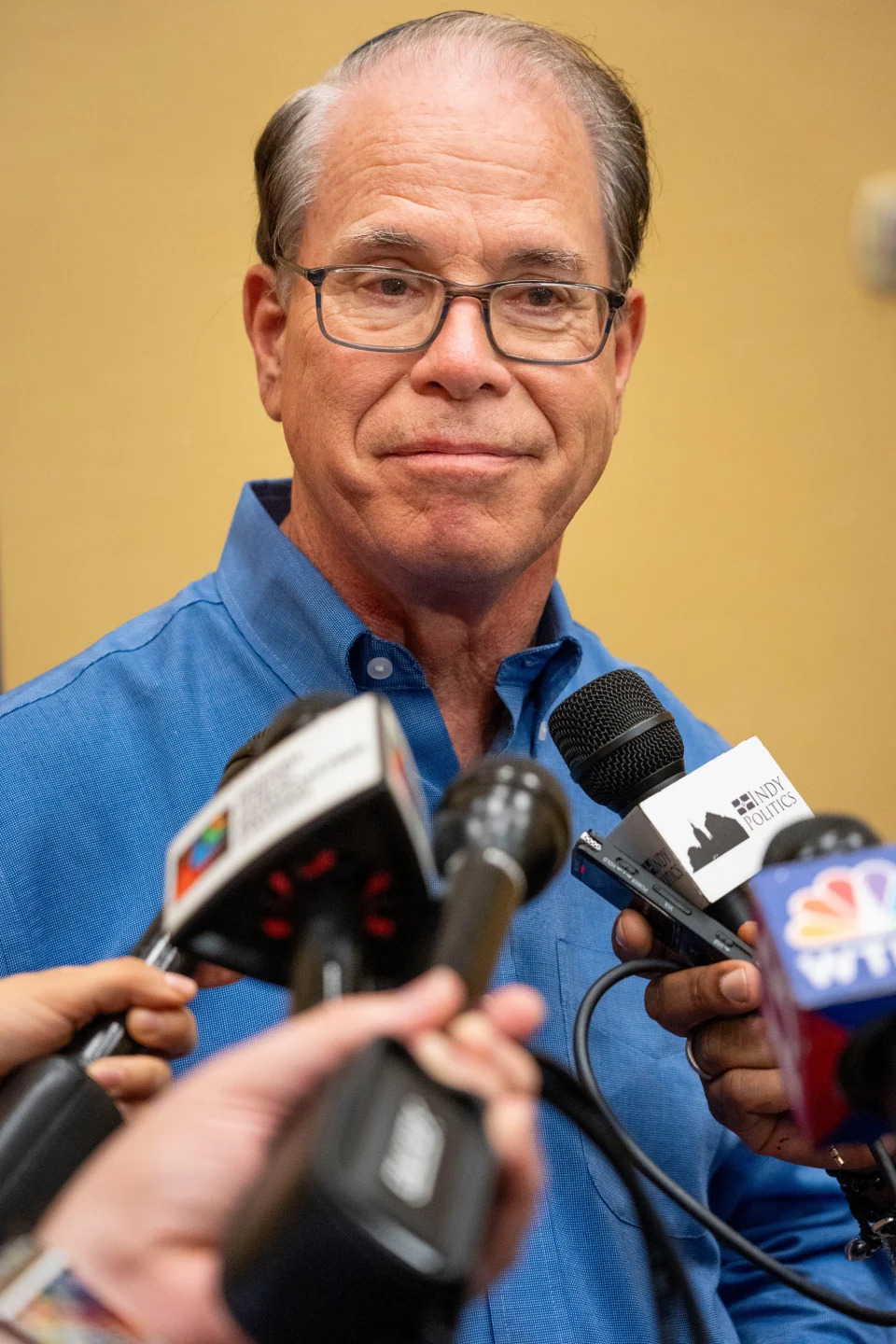 Sen. Mike Braun, the Republican nominee for governor, speaks on the election results for his lieutenant governor nominee, Micah Beckwith, on Saturday, June 15, 2024, during the 2024 Indiana GOP State Convention in Indianapolis, Ind. Beckwith was not Braun's choice for a lieutenant governor nominee, but Braun assured the media that their partnership would still yield positive results for the state. Braun's first choice was Rep. Julie McGuire.