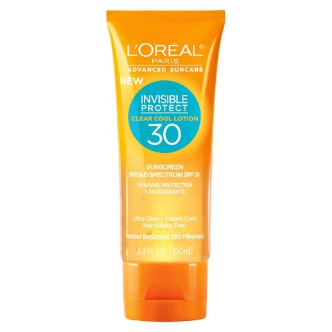 Hot days are sticky enough — you don’t want to add a sticky feeling sunscreen to the mix. This cooling, soothing formula from L’Oréal soaks right into skin, leaving you protected and refreshed. L’Oréal Paris Advanced Suncare Clear Cool Lotion SPF 30 ($10)