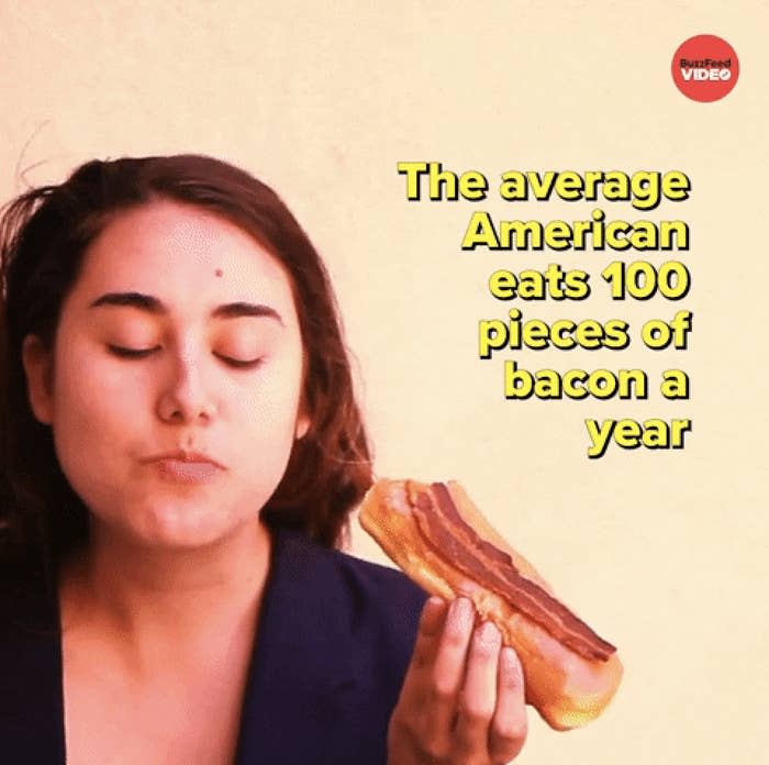 woman eating a donut with bacon on it with the text, the average american eats 100 pieces of bacon a year