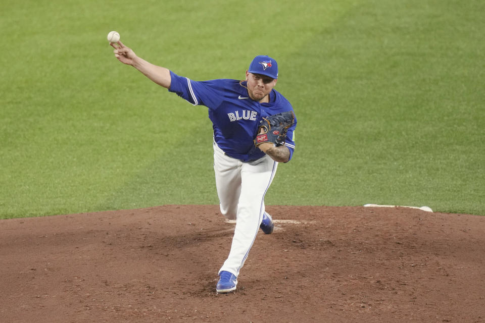 Toronto Blue Jays starting pitcher Yariel Rodriguez works against Colorado Rockies during the fourth inning of a baseball game in Toronto, Saturday, April 13, 2024. (Chris Young/The Canadian Press via AP)