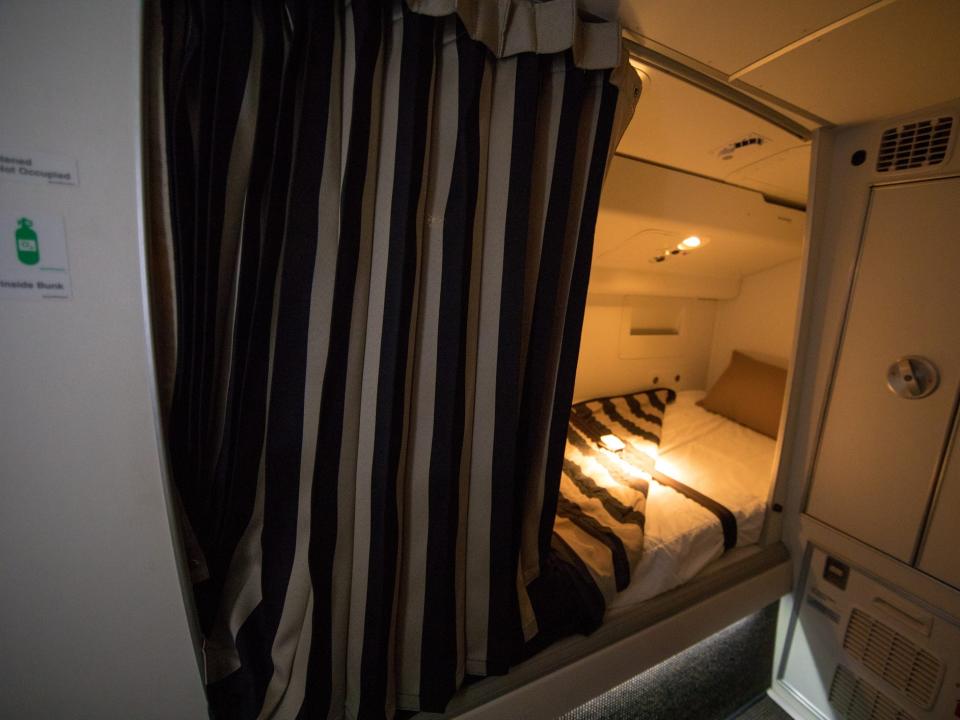 May 26th, Sydney Australia, Crew Bunk bed under the roof of an aircraft. Prepaired with a blanket and pillow.