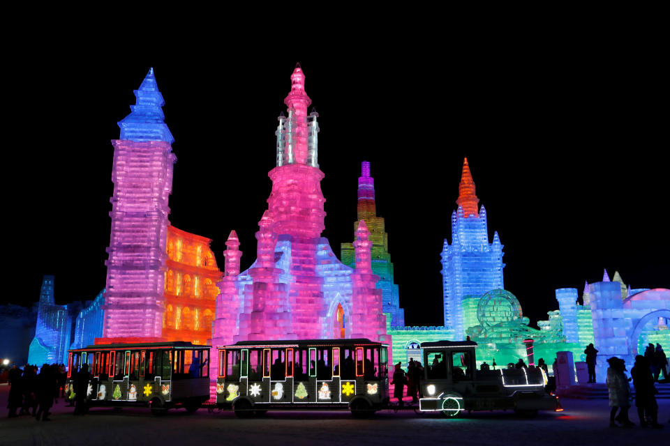 Colorful illuminated ice sculptures, pictured on Jan. 4, 2019, are one of the most popular attractions at annual ice festival in the northern city of Harbin, Heilongjiang province, China. (Photo: Tyrone Siu/Reuters)