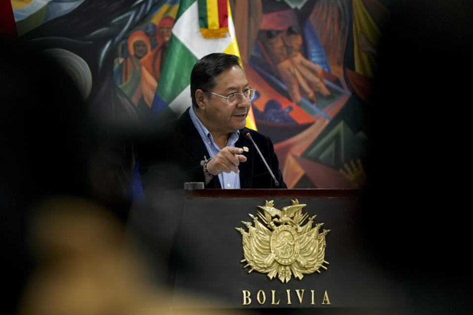 Bolivian President Luis Arce speaks during a press conference the day after troops stormed the presidential palace in what he called a coup attempt, in La Paz, Bolivia, Thursday, June 27, 2024. (AP Photo/Juan Karita)