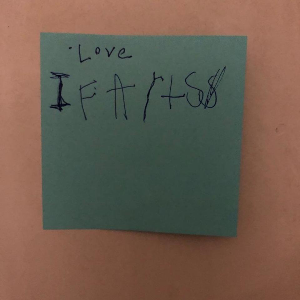 It's a common occurrence for her to find little notes from her kids. Her son, Samuel, has flatulence on the brain apparently. 