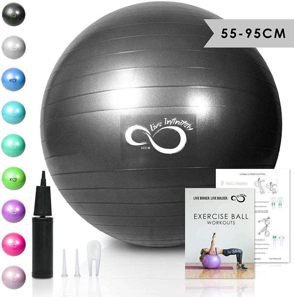 <br><br><strong>Live Infinitely</strong> Exercise Ball (55cm-95cm), $, available at <a href="https://amzn.to/3jY11Gw" rel="nofollow noopener" target="_blank" data-ylk="slk:Amazon" class="link ">Amazon</a>