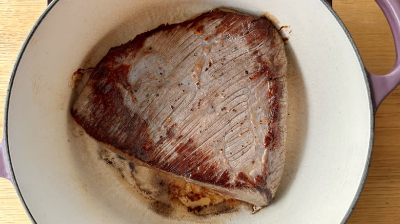 seared brisket in Dutch oven