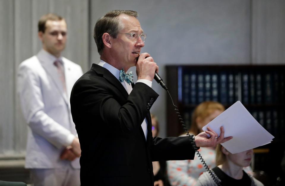 Sen. Bo Watson, R-Hixson, speaks during a Senate session Thursday, May 2, 2019, in Nashville, Tenn. (AP Photo/Mark Humphrey)