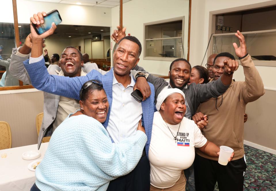 Mayoral candidate Fred Fontaine celebrates with supporters at his campaign headquarters on Tuesday, Sept. 19, 2023.