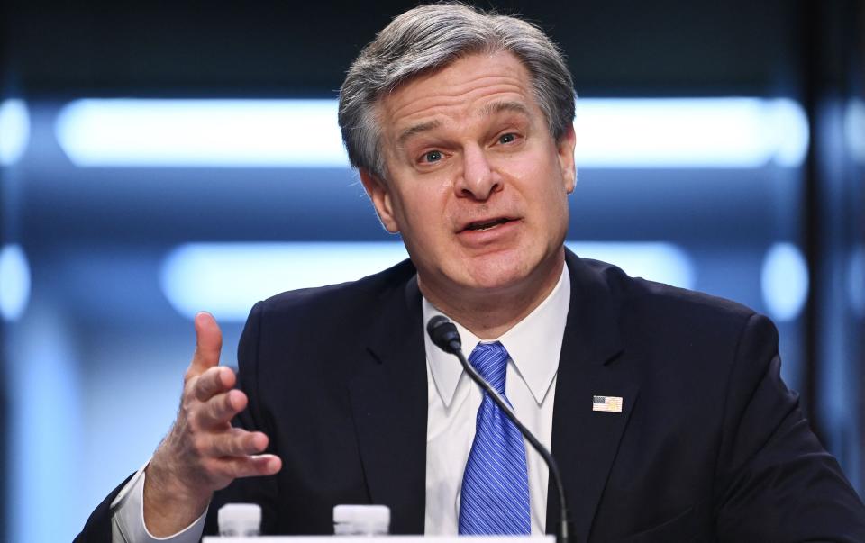 FBI Director Christopher Wray testifies before the Senate Judiciary Committee on the January 6th insurrection, in the Hart Senate Office Building on Capitol Hill in Washington, DC on March 2, 2021.