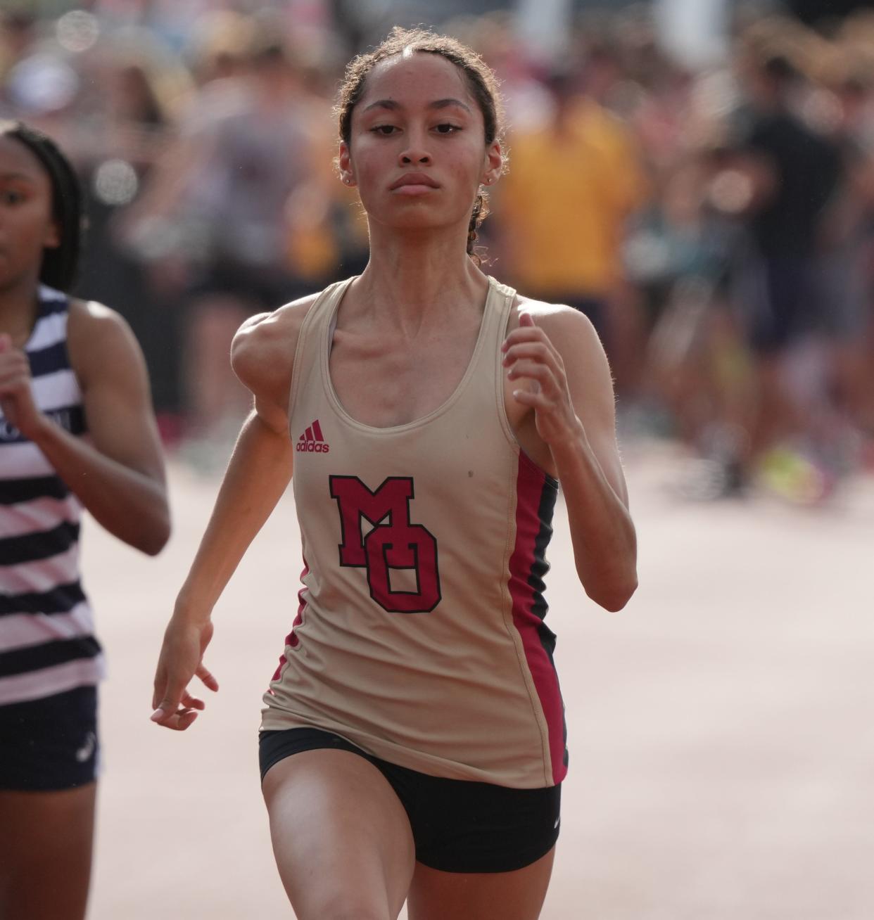 Boonton, NJ - May 16, 2023 —  Natasha Redmond of Mount Olive in the 100 meters at the Morris County Track and Field Championships.