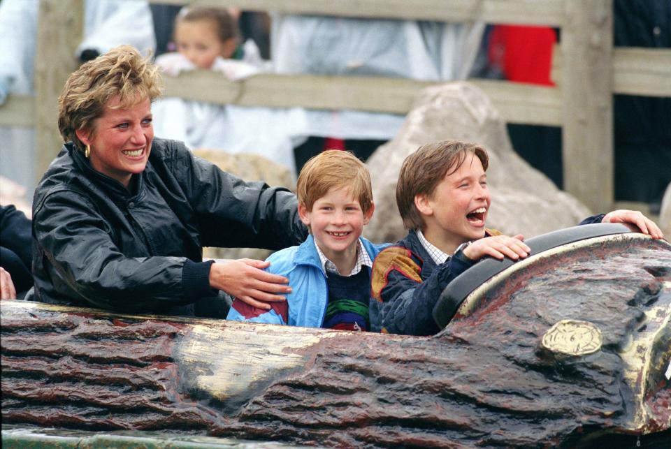 Diana Princess Of Wales, Prince William & Prince Harry Visit The 'Thorpe Park' Amusement Park. (Photo by Julian Parker/UK Press via Getty Images)