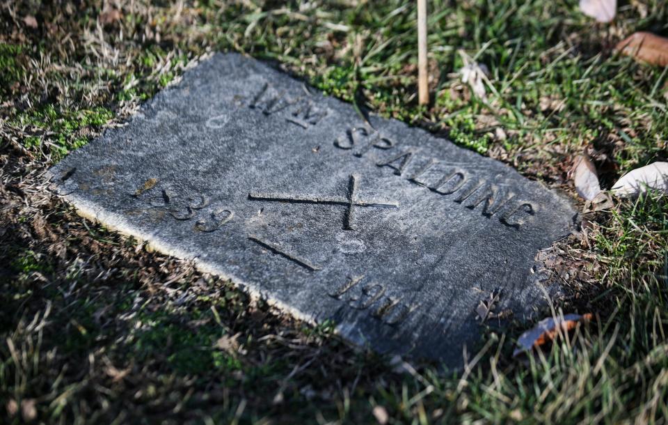 The grave of William Spalding, a Black Union soldier who is buried at St. Louis Cemetery. His grave is one of the few Black Catholic graves that is marked. Feb 7, 2024
(Credit: Matt Stone/The Courier Journal)