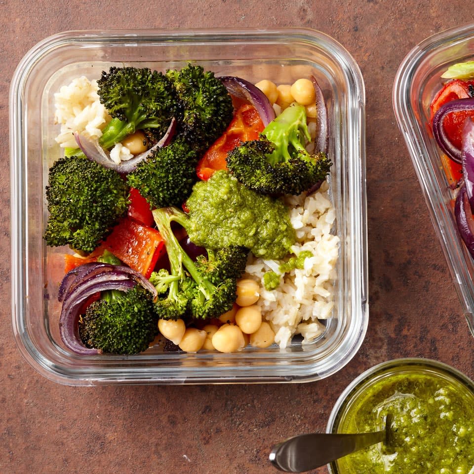 <p>Your co-workers will be jealous when you pull out this healthy lunch of roasted veggies and brown rice. Put together 4 lunches when you have time and you will have packable lunches (or ready-to-eat dinners) for several days--just grab a container on your way out the door in the morning. <a href="https://www.eatingwell.com/recipe/263548/meal-prep-roasted-vegetable-bowls-with-pesto/" rel="nofollow noopener" target="_blank" data-ylk="slk:View Recipe;elm:context_link;itc:0;sec:content-canvas" class="link ">View Recipe</a></p>