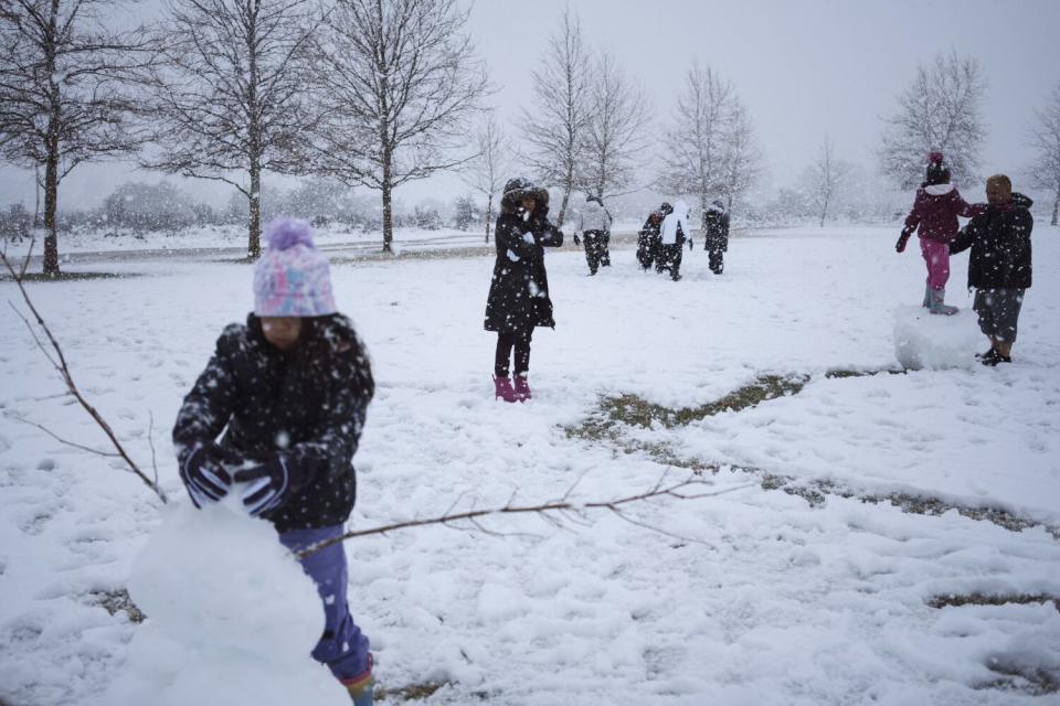 People play in the snow in Acton on Feb. 25.