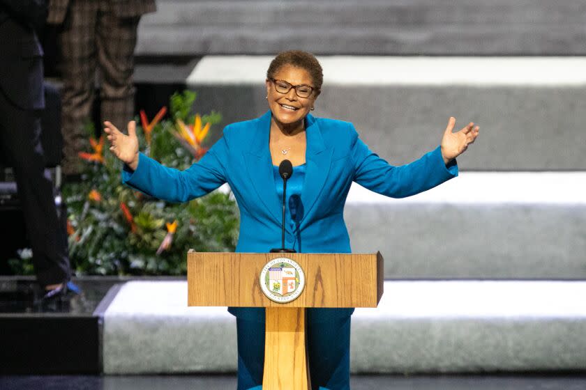 LOS ANGELES, CA - DECEMBER 11: Mayor Karen Bass makes her inaugural address at her inauguration ceremony on Sunday, Dec. 11, 2022 in Los Angeles, CA. (Jason Armond / Los Angeles Times)