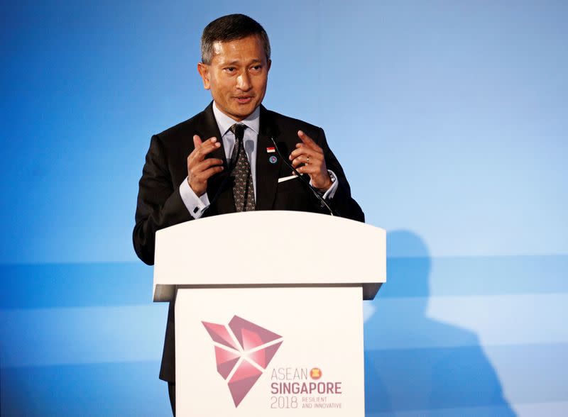 FILE PHOTO: Singapore's Foreign Minister Vivian Balakrishnan gives an address during the opening ceremony of the 51st ASEAN Foreign Ministers' Meeting in Singapore