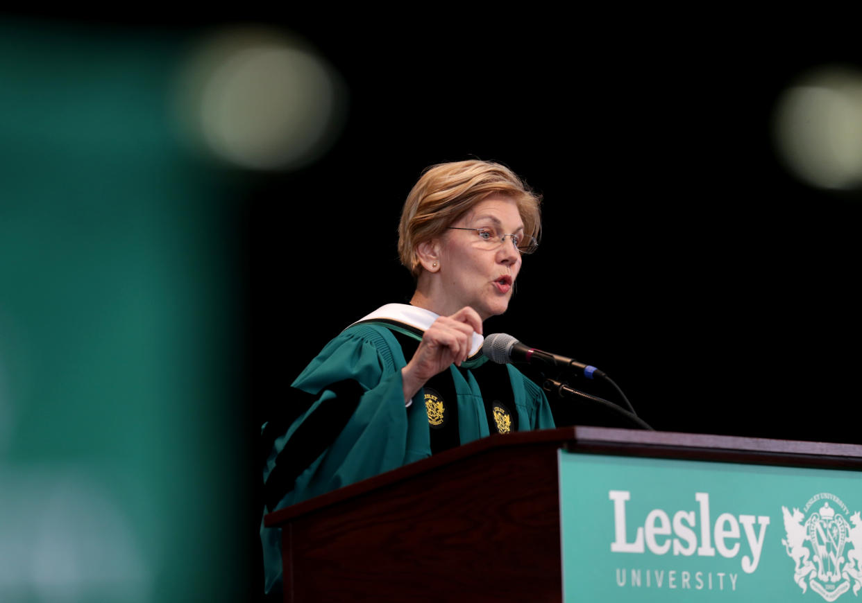 BOSTON, MA - MAY 19: U.S. Senator Elizabeth Warren delivers the commencement address at the Lesley University commencement in Boston on May 19, 2018. (Photo by Jonathan Wiggs/The Boston Globe via Getty Images)