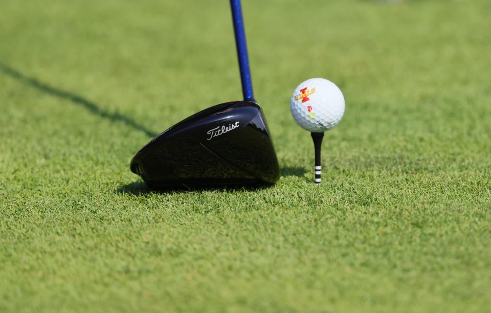 LAKE ELMO, MINNESOTA - SEPTEMBER 10: Iowa State golfer Karina Chul-Ak-Sorn tees up her ball on the sixth hole during the second round of the 2024 ANNIKA Intercollegiate presented by 3M at Royal Golf Club on September 10, 2024 in Lake Elmo, Minnesota.(Photo by Adam Bettcher/Getty Images)