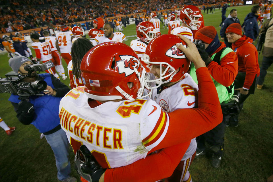 DENVER, CO – NOVEMBER 27: Long snapper James Winchester #41 of the Kansas City Chiefs and Dustin Colquitt #2 celebrate after kicker Cairo Santos #5 made a game-winning field goal in overtime against the Denver Broncos at Sports Authority Field at Mile High on November 27, 2016 in Denver, Colorado. (Photo by Justin Edmonds/Getty Images)