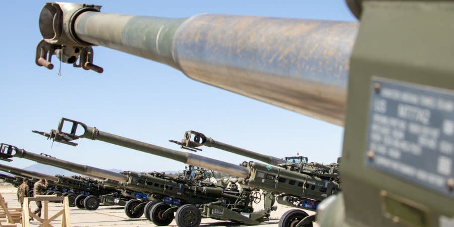 155-mm howitzers before loading on a US Air Force plane bound for Ukraine