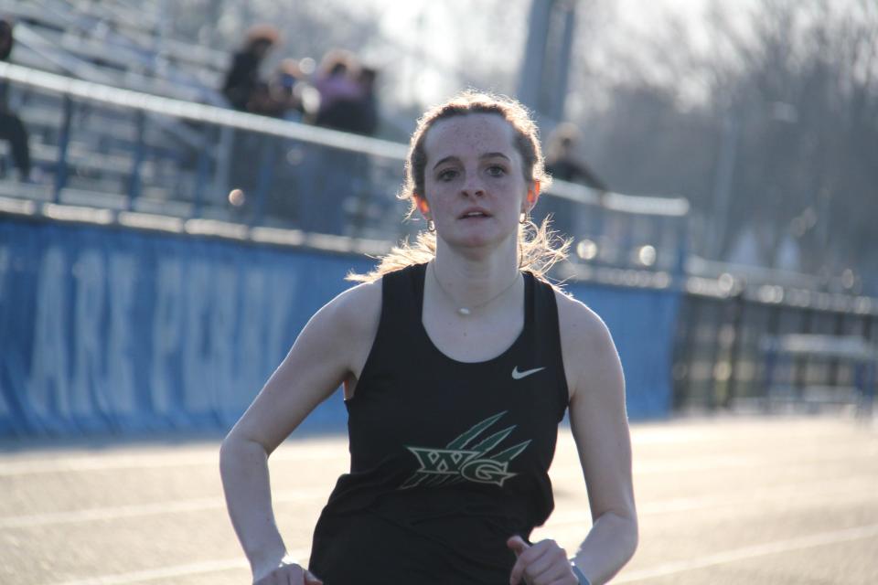 Woodward-Granger's Zoey Osmundson competes in the 800-meter run during the Jayette Relays on Thursday, March 28, 2024, in Perry.