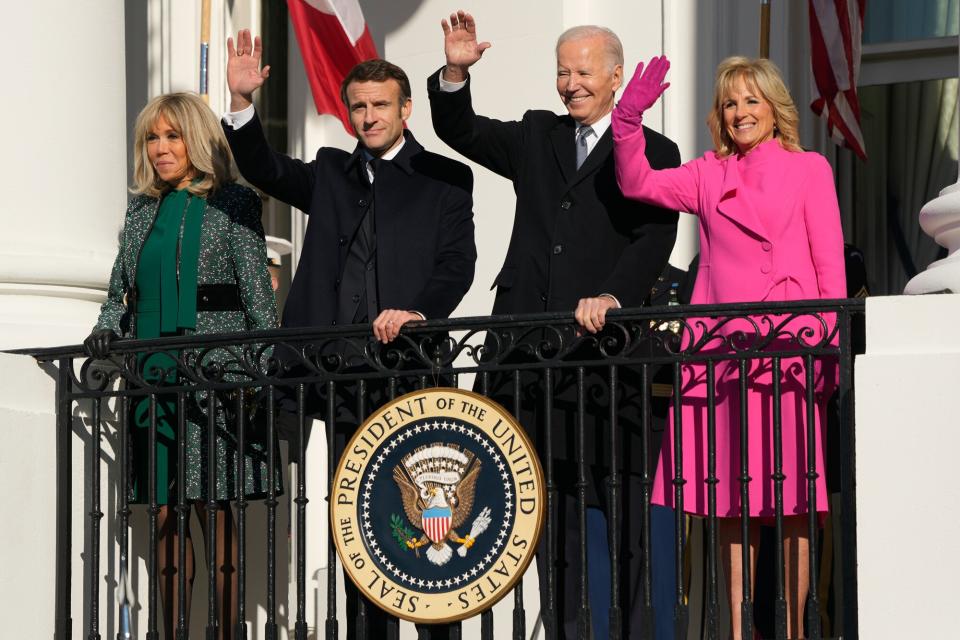 First Lady Jill Biden, from right, US President Joe Biden, Emmanuel Macron, France's president, and his wife Brigitte Macron at an arrival ceremony during a state visit on the South Lawn of the White House in Washington, DC, US, on Thursday, Dec. 1, 2022. Biden is welcoming French President Emmanuel Macron for the first White House state dinner in more than three years, setting aside recent tensions with Paris over defense and trade issues to celebrate the oldest US alliance.