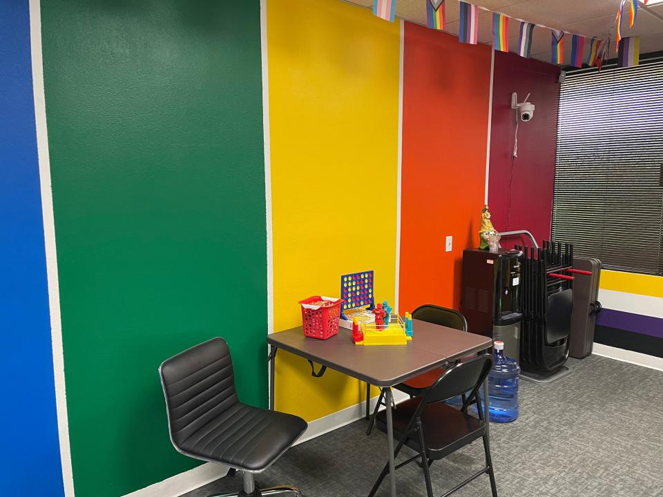 A rainbow wall is featured at the Marsha P. Johnson LGBTQ+ Youth Drop-In Center.