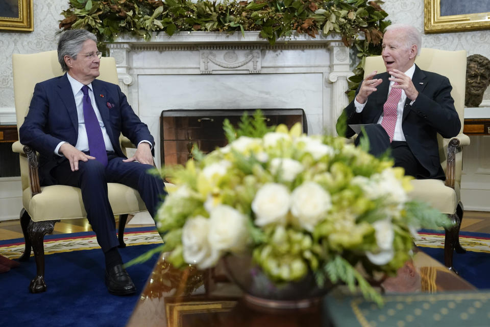 President Joe Biden speaks during a meeting with Ecuador's President Guillermo Lasso in the Oval Office of the White House, Monday, Dec. 19, 2022, in Washington. (AP Photo/Patrick Semansky)