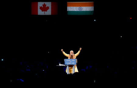 India's Prime Minister Narendra Modi talks during a speech to the general public in Toronto, in this April 15, 2015 file photo. REUTERS/Mark Blinch/Files