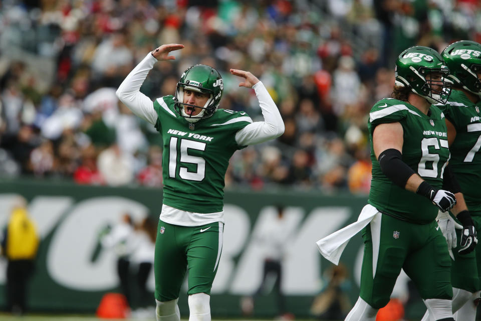 New York Jets kicker Eddy Pineiro reacts after kicking a long field goal during the first half of an NFL football game against the Tampa Bay Buccaneers, Sunday, Jan. 2, 2022, in East Rutherford, N.J. (AP Photo/John Munson)