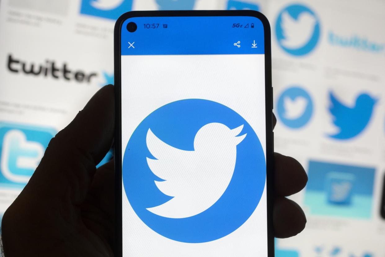 A hand holds a cellphone showing the blue-and-white bird logo of Twitter.