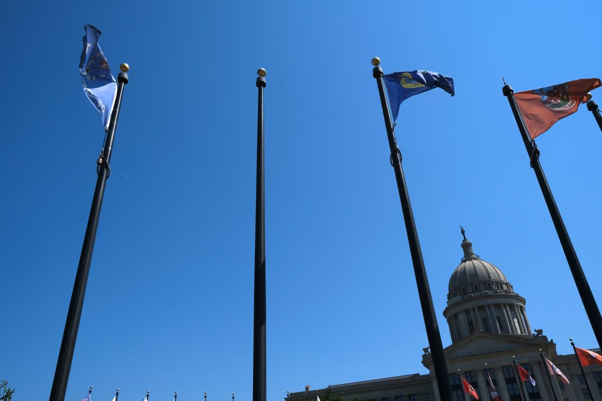 An empty flag pole in the Tribal Flag Plaza stands where the flag of the Kickapoo Tribe would have flown, but the tribe has never had a flag.