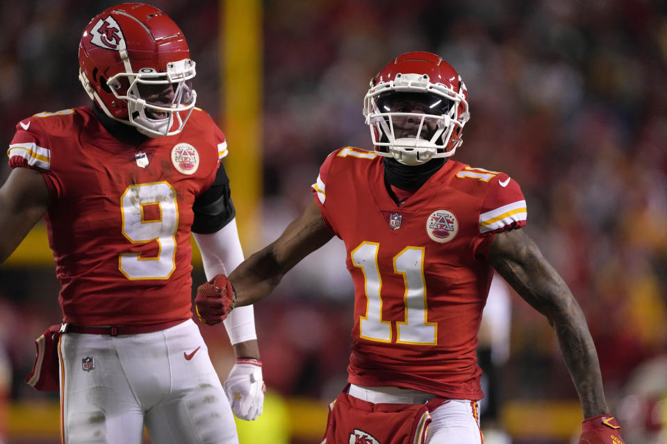 Kansas City Chiefs wide receiver Marquez Valdes-Scantling (11) celebrates his catch against the Cincinnati Bengals during the first half of the NFL AFC Championship playoff football game, Sunday, Jan. 29, 2023, in Kansas City, Mo. (AP Photo/Jeff Roberson)