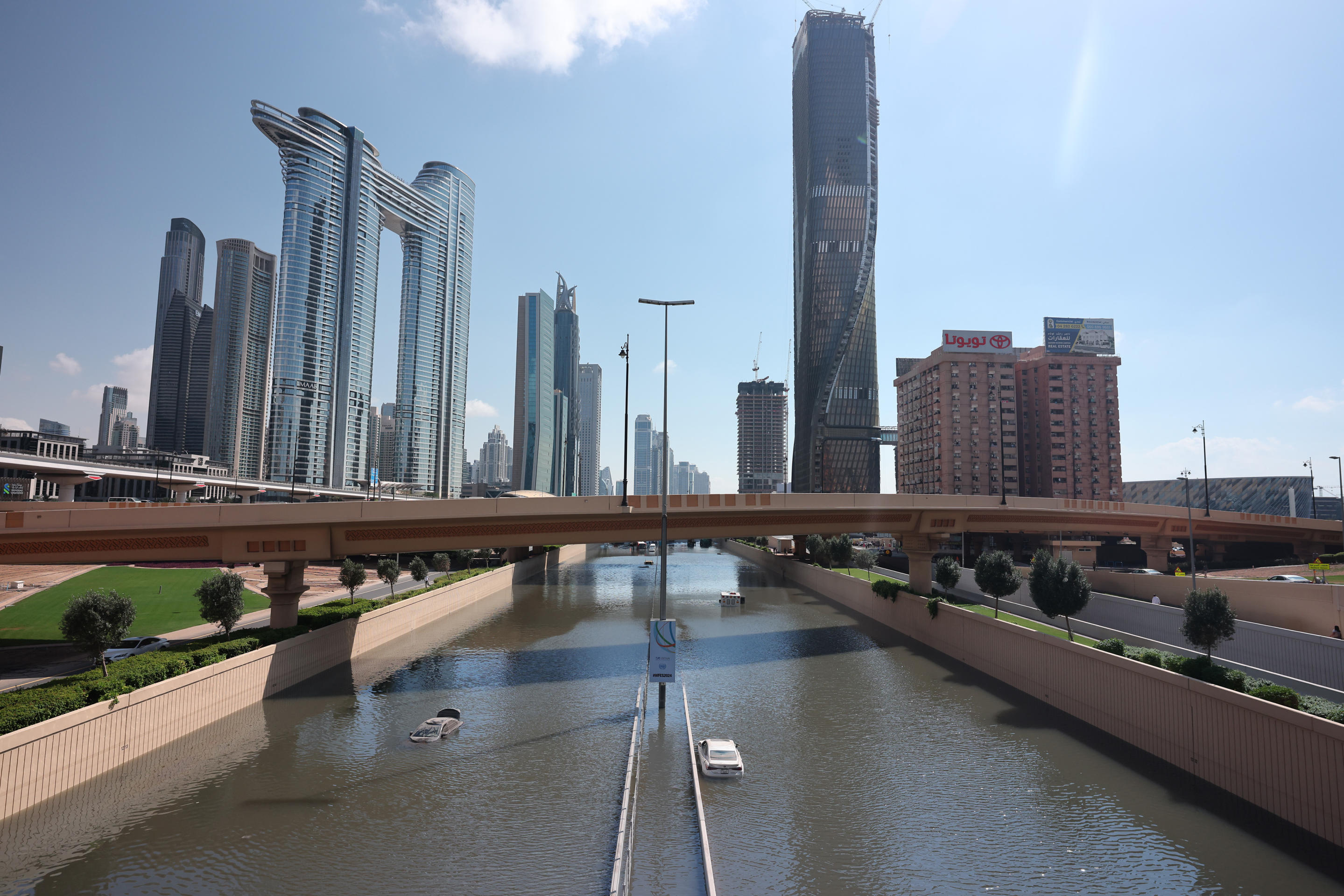 A highway is flooded after a rainstorm in Dubai.