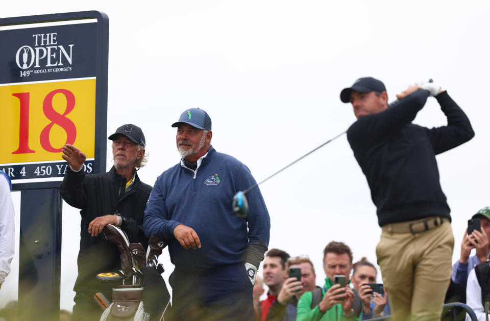 Darren Clarke and Rory McIlroy are among the notable names teeing off Thursday at the Open Championship. (Photo by Charlie Crowhurst/R&A/R&A via Getty Images)