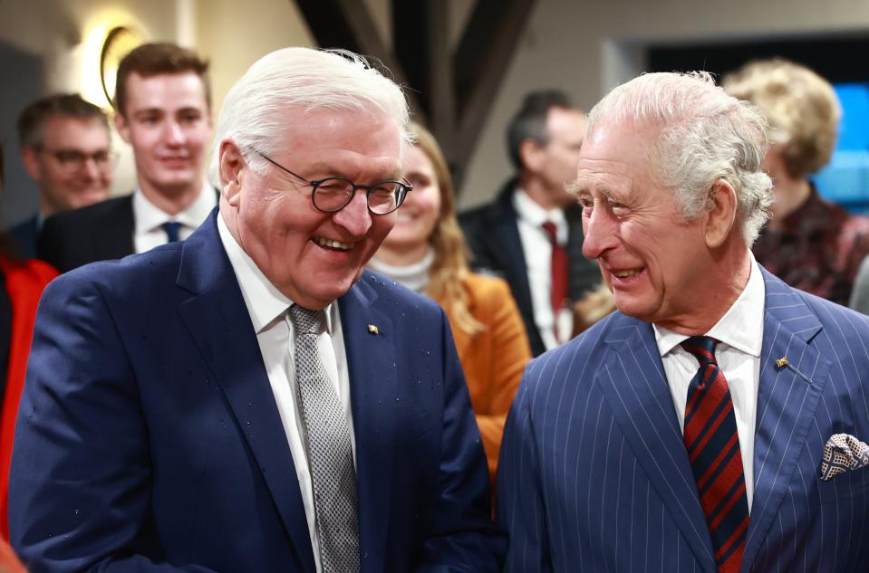 Britain's King Charles III and German President Frank-Walter Steinmeier visit the Brodowin eco-village in Chorin on March 30,2023 in Brandenburg, Germany (Getty Images)