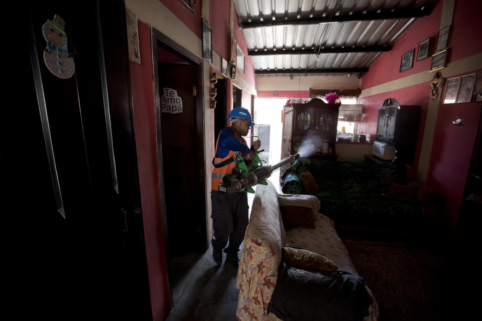 In this photo taken on Aug. 22, 2019, a worker fumigates inside at home in an attempt to control the spread of mosquito-borne diseases in Tegucigalpa, Honduras. Honduras already has by far the highest death rate from dengue in Latin America this year. And the country’s most prevalent strain of dengue also happens to be the most aggressive and the deadliest. (AP Photo/Eduardo Verdugo)