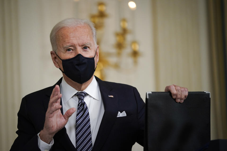 U.S. President Joe Biden departs after delivering remarks in the State Dining Room of the White House on March 15, 2021 in Washington, DC. (Drew Angerer/Getty Images)