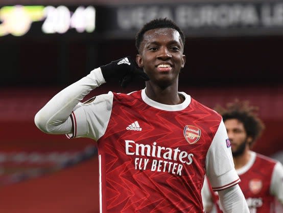 <p>Nketiah celebrates his goal vs Dundalk</p>Getty