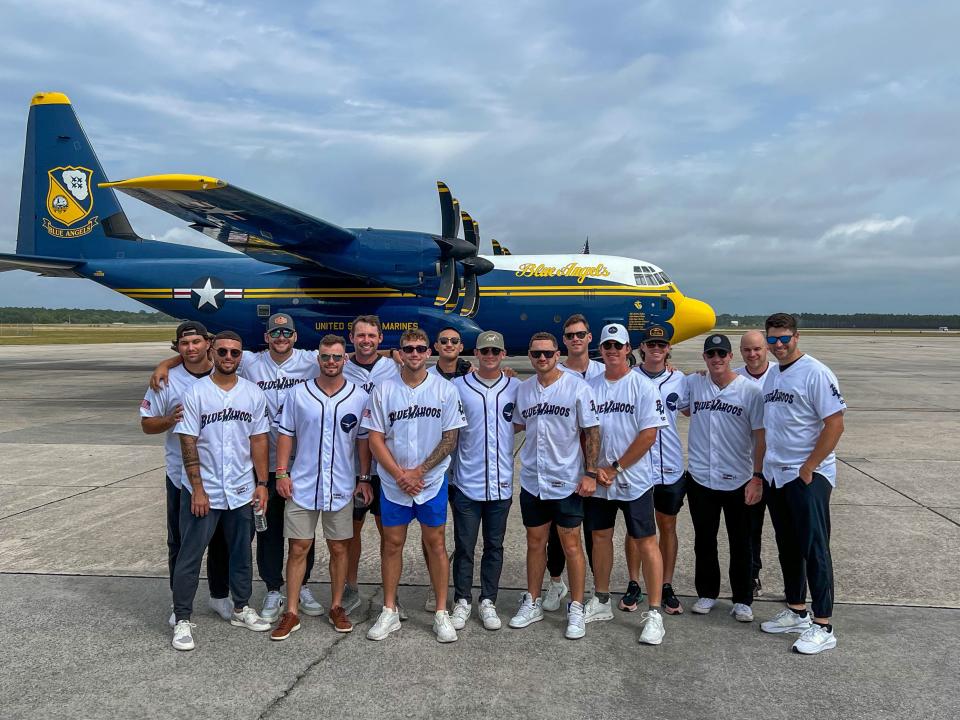 Members of the Blue Wahoos team and coaching staff visited NAS Pensacola on Wednesday morning to watch the Blue Angels practice.