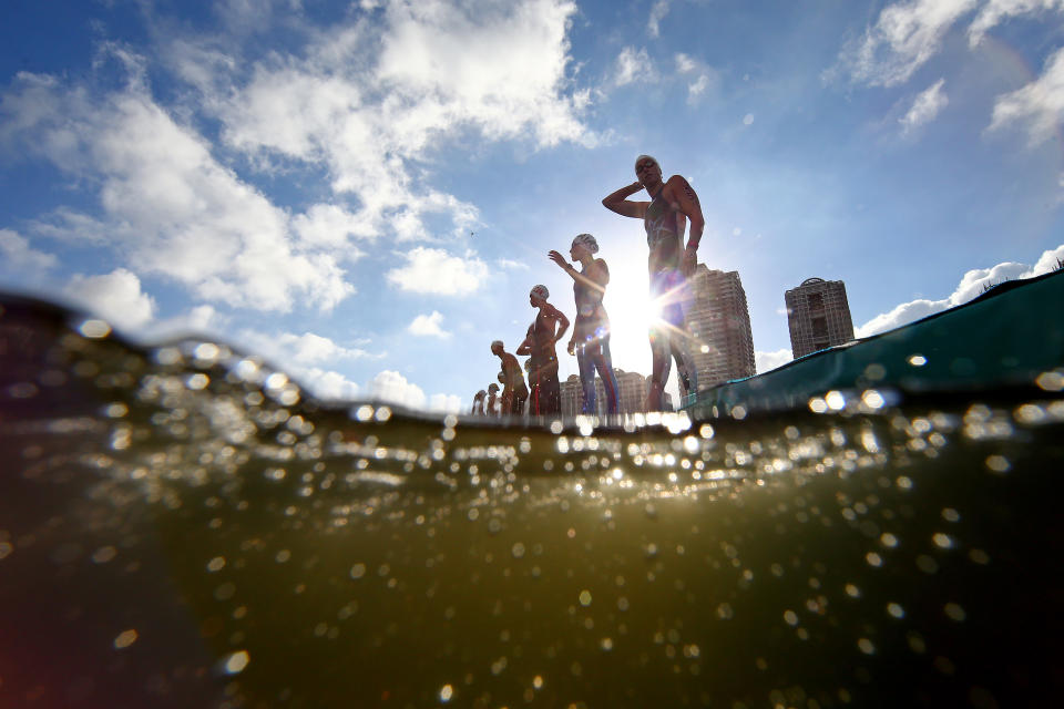 <p>TOKYO, JAPAN - AUGUST 04: Swimmers prepare to start the race in the Women's 10km Marathon Swimming on day twelve of the Tokyo 2020 Olympic Games at Odaiba Marine Park on August 04, 2021 in Tokyo, Japan. (Photo by Antonio Bronic - Pool/Getty Images)</p> 