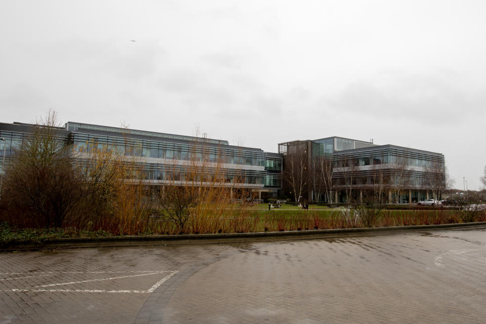 This Dec. 12, 2019, photo shows a sign at the Mundipharma International headquarters at Cambridge Science Park in England. Mundipharma is the international affiliate of Purdue Pharma, the maker of the blockbuster painkiller OxyContin. Mundipharma is now marketing Nyxoid, a new brand of naloxone, an opioid overdose reversal medication. (AP Photo/Leila Coker)