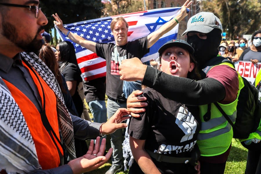 Westwood, CA, Sunday, April 28, 2024 – Thousands rally for Israel as pro Palestine counter demonstrators surround them at UCLA. (Robert Gauthier/Los Angeles Times via Getty Images)