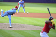 St. Louis Cardinals starting pitcher Jack Flaherty delivers to Cleveland Guardians' Amed Rosario during the first inning of a baseball game, Saturday, May 27, 2023, in Cleveland. (AP Photo/David Dermer)