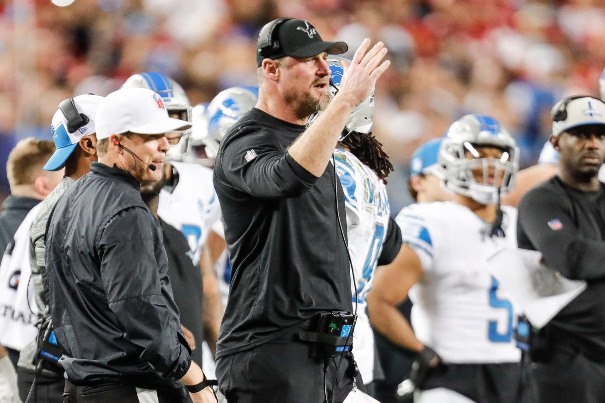 Detroit Lions coach Dan Campbell reacts to a play against the San Francisco 49ers during the second half of the Lions' 34-31 loss in the NFC championship game in Santa Clara, California, on Sunday, Jan. 28, 2024.